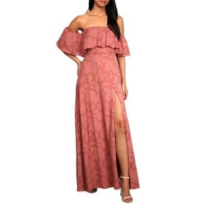 Lulus Love Bliss Rose Pink Floral Jacquard Off-the-Shoulder Maxi Dress Medium